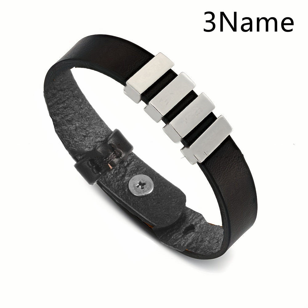 Customized Family Names Bracelet For Men Personalized Engraved Stainless Steel Beads Leather Bracelets Bangle Father's Day Gifts Black 3Name