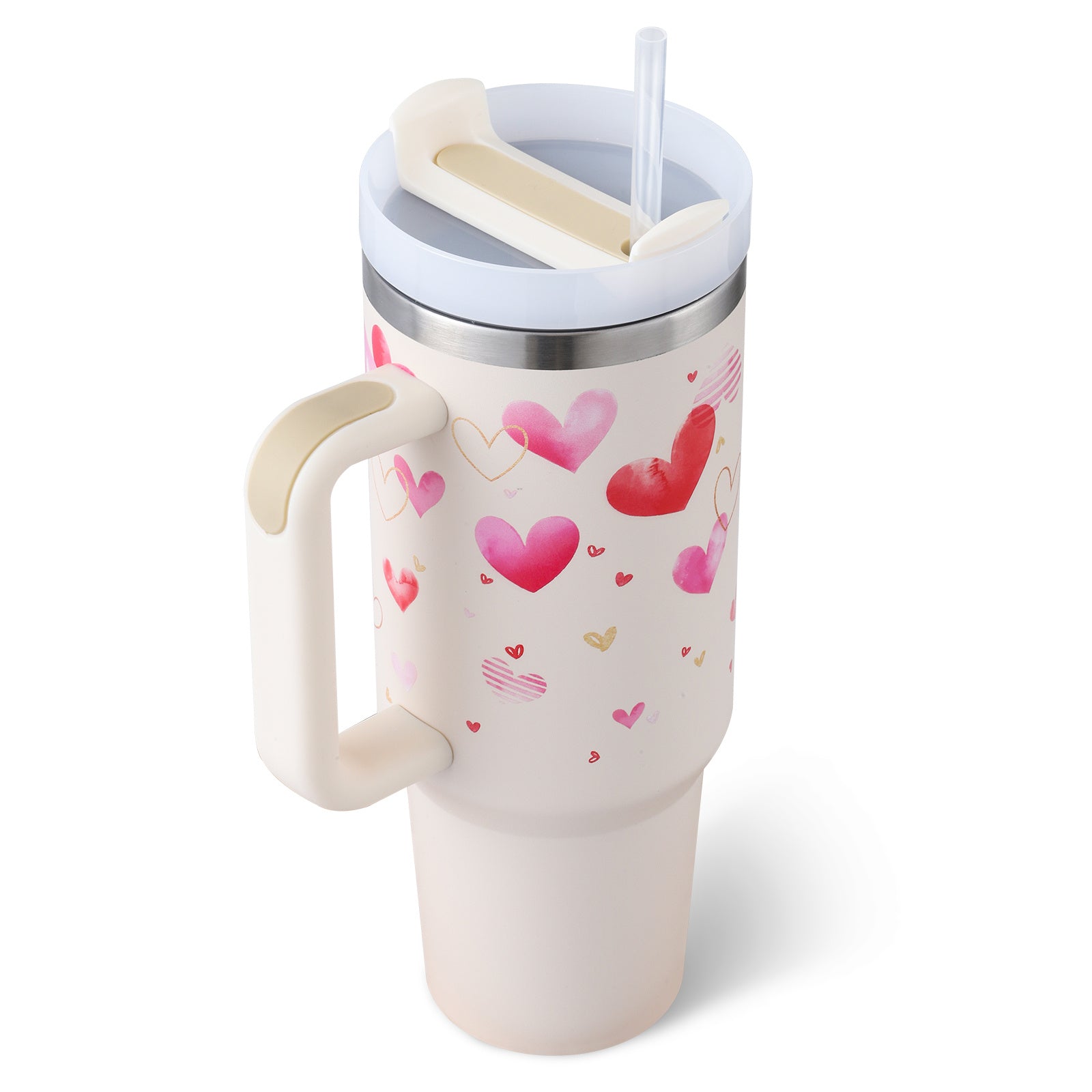 40 Oz Tumbler With Handle Straw Insulated, Stainless Steel Spill Proof Vacuum Coffee Cup Tumbler With Lid Tapered Mug Gifts For Valentine Lover Suitable For Car Gym Office Travel Pink love B 1200ML 1PC