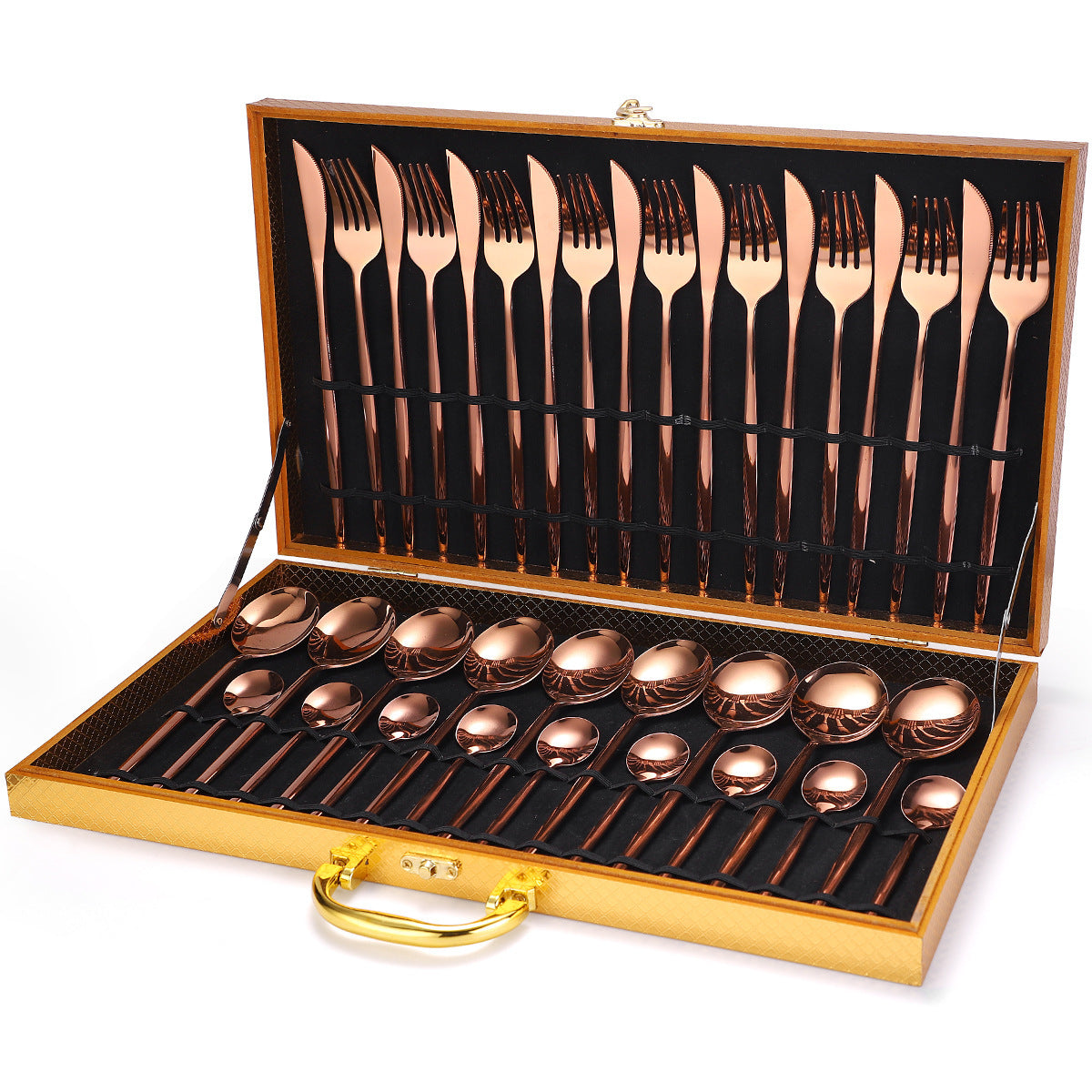 36-piece Stainless Steel Tableware Wooden Box Gift Box Set Rose Gold