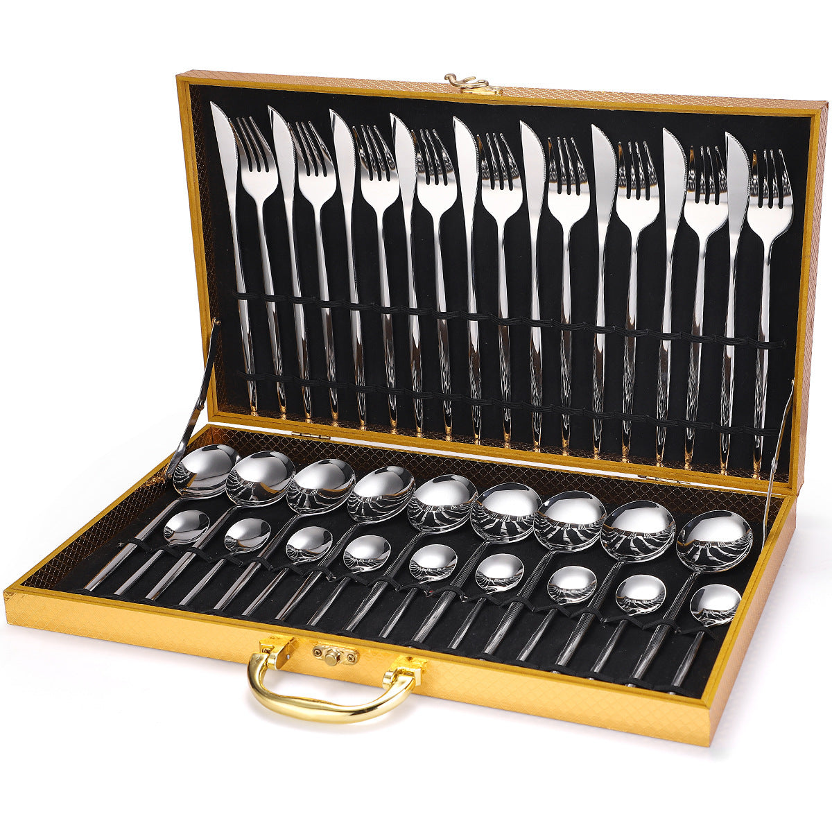 36-piece Stainless Steel Tableware Wooden Box Gift Box Set Silver