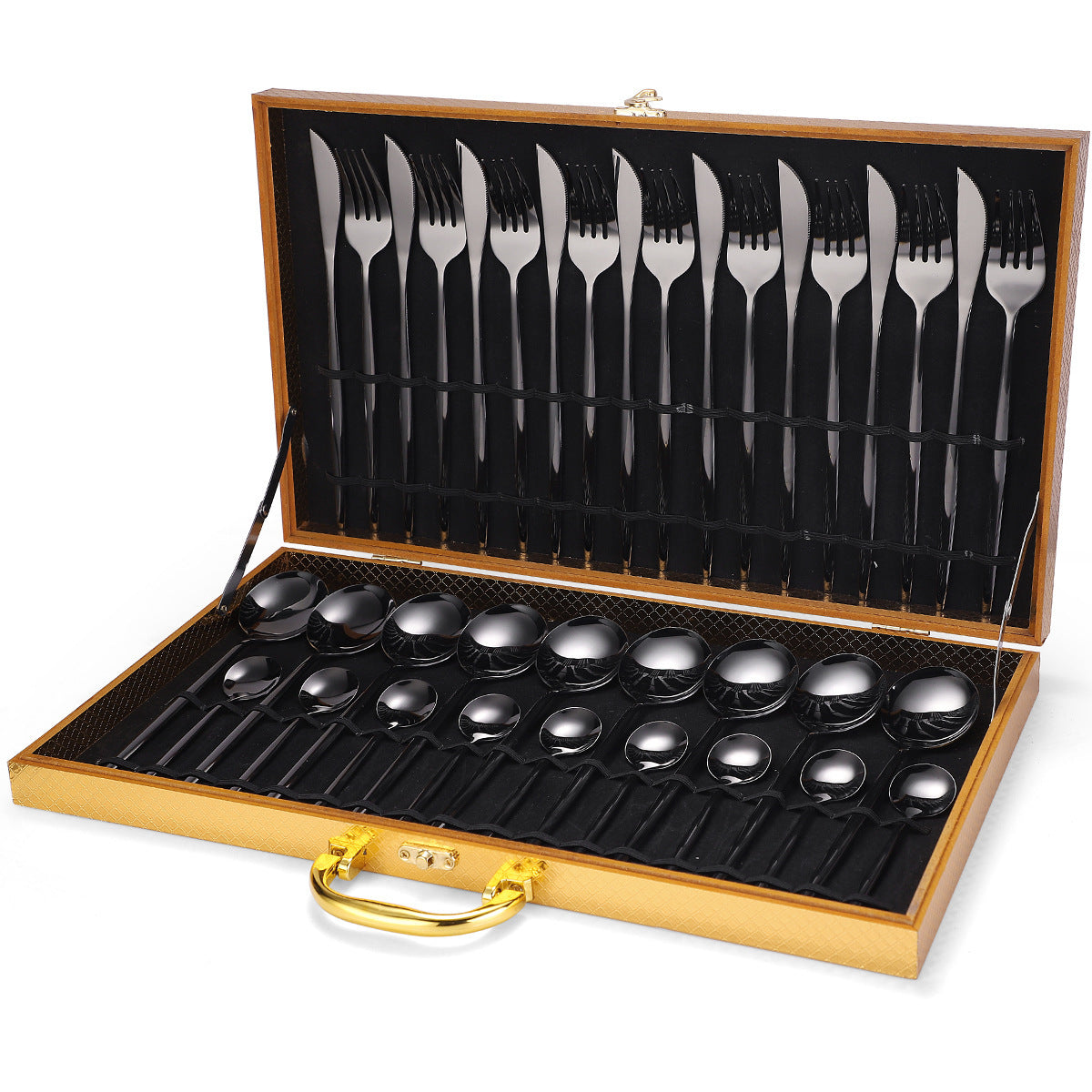 36-piece Stainless Steel Tableware Wooden Box Gift Box Set Black