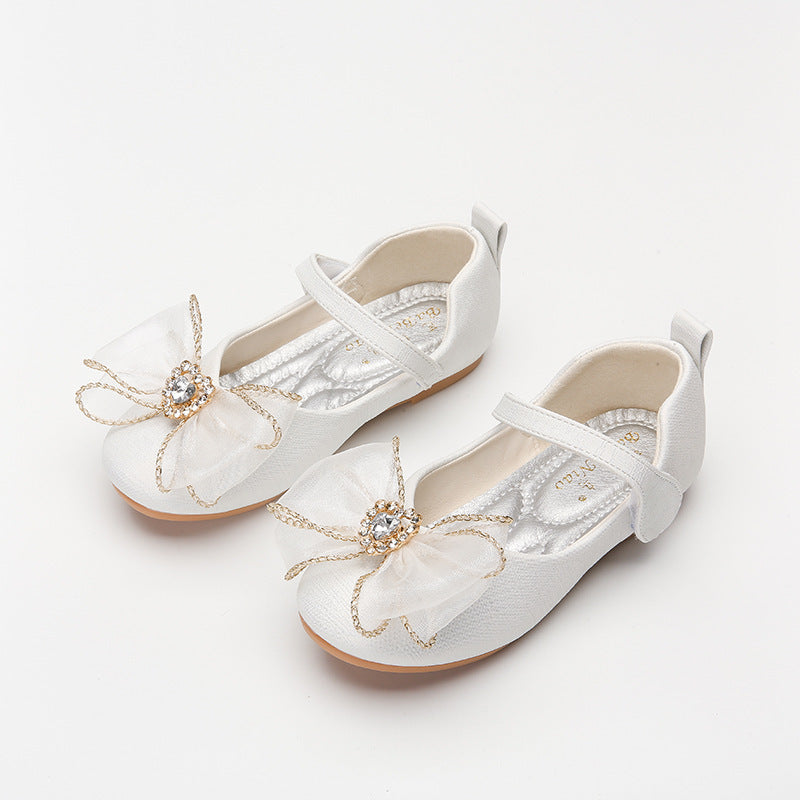 Spring New Girls' Single Shoes Cute Bow Rhinestone Soft Sole Flat Shoes White