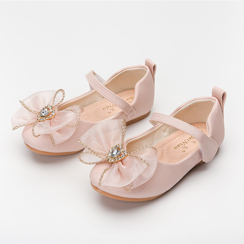 Spring New Girls' Single Shoes Cute Bow Rhinestone Soft Sole Flat Shoes Pink