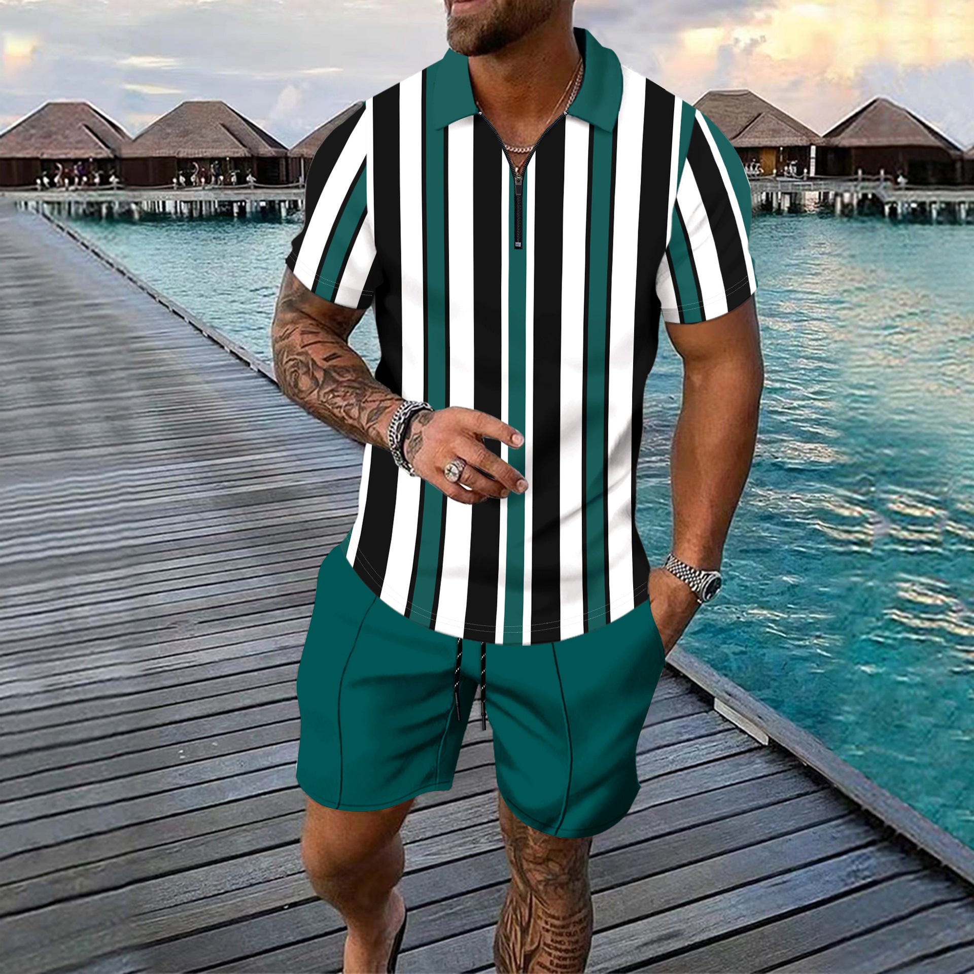 Striped Printed Short Sleeve Shorts For Vacation Green