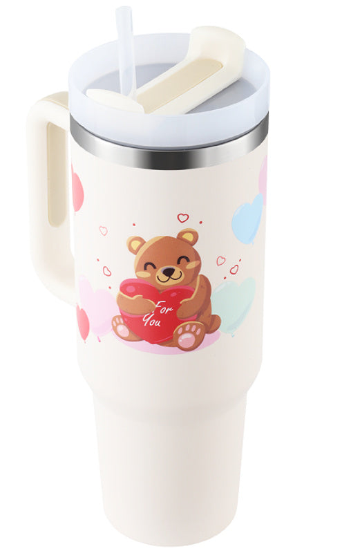 40 Oz Tumbler With Handle Straw Insulated, Stainless Steel Spill Proof Vacuum Coffee Cup Tumbler With Lid Tapered Mug Gifts For Valentine Lover Suitable For Car Gym Office Travel Beige white bear 1200ML 1PC