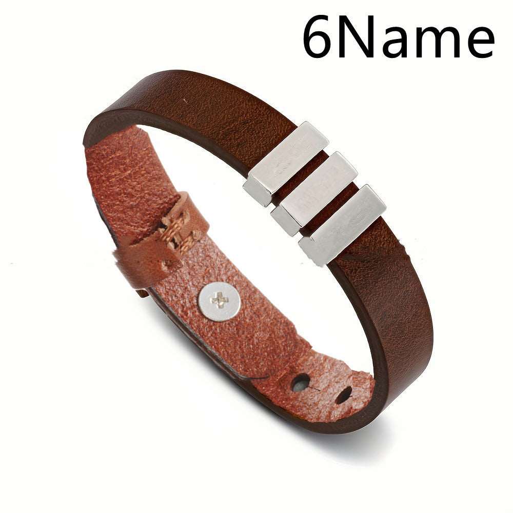 Customized Family Names Bracelet For Men Personalized Engraved Stainless Steel Beads Leather Bracelets Bangle Father's Day Gifts Brown 6Name