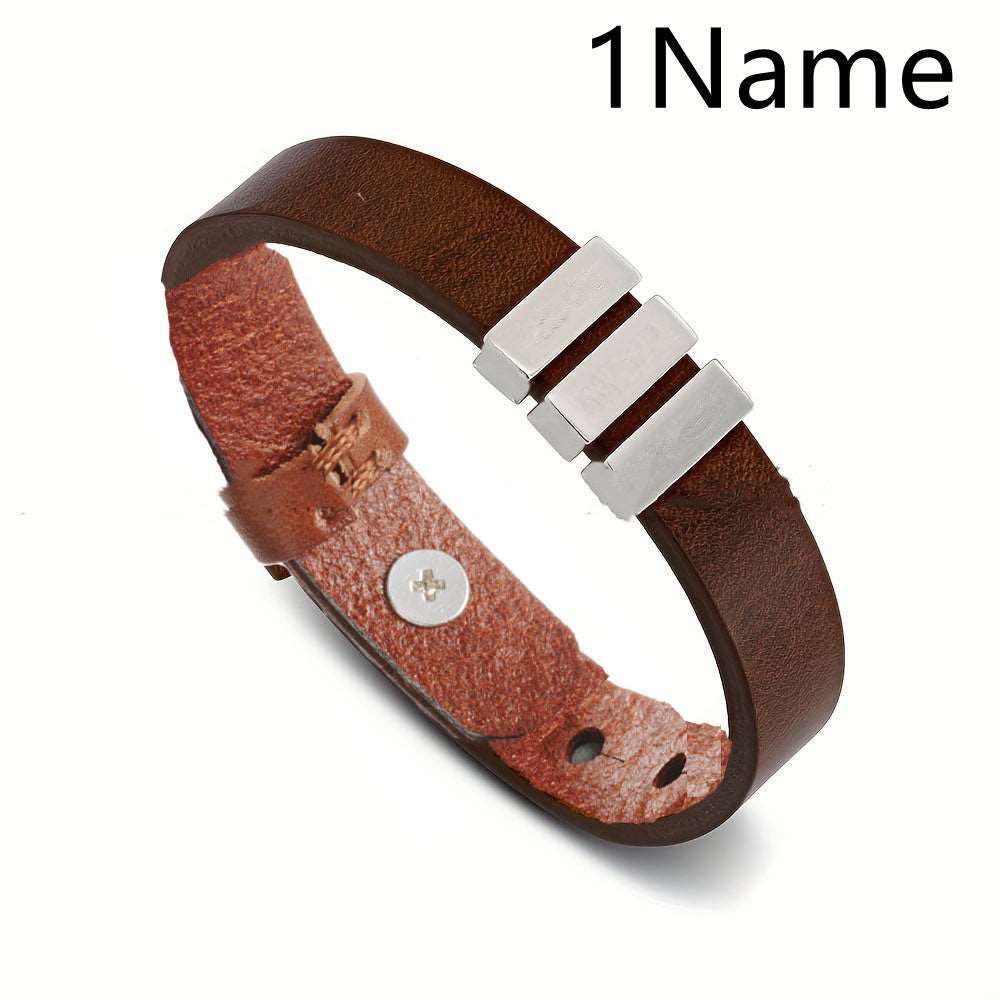 Customized Family Names Bracelet For Men Personalized Engraved Stainless Steel Beads Leather Bracelets Bangle Father's Day Gifts Brown 1Name