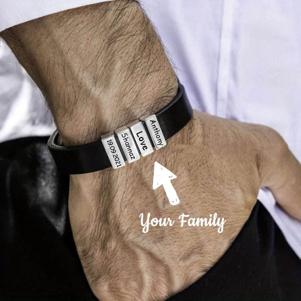 Customized Family Names Bracelet For Men Personalized Engraved Stainless Steel Beads Leather Bracelets Bangle Father's Day Gifts