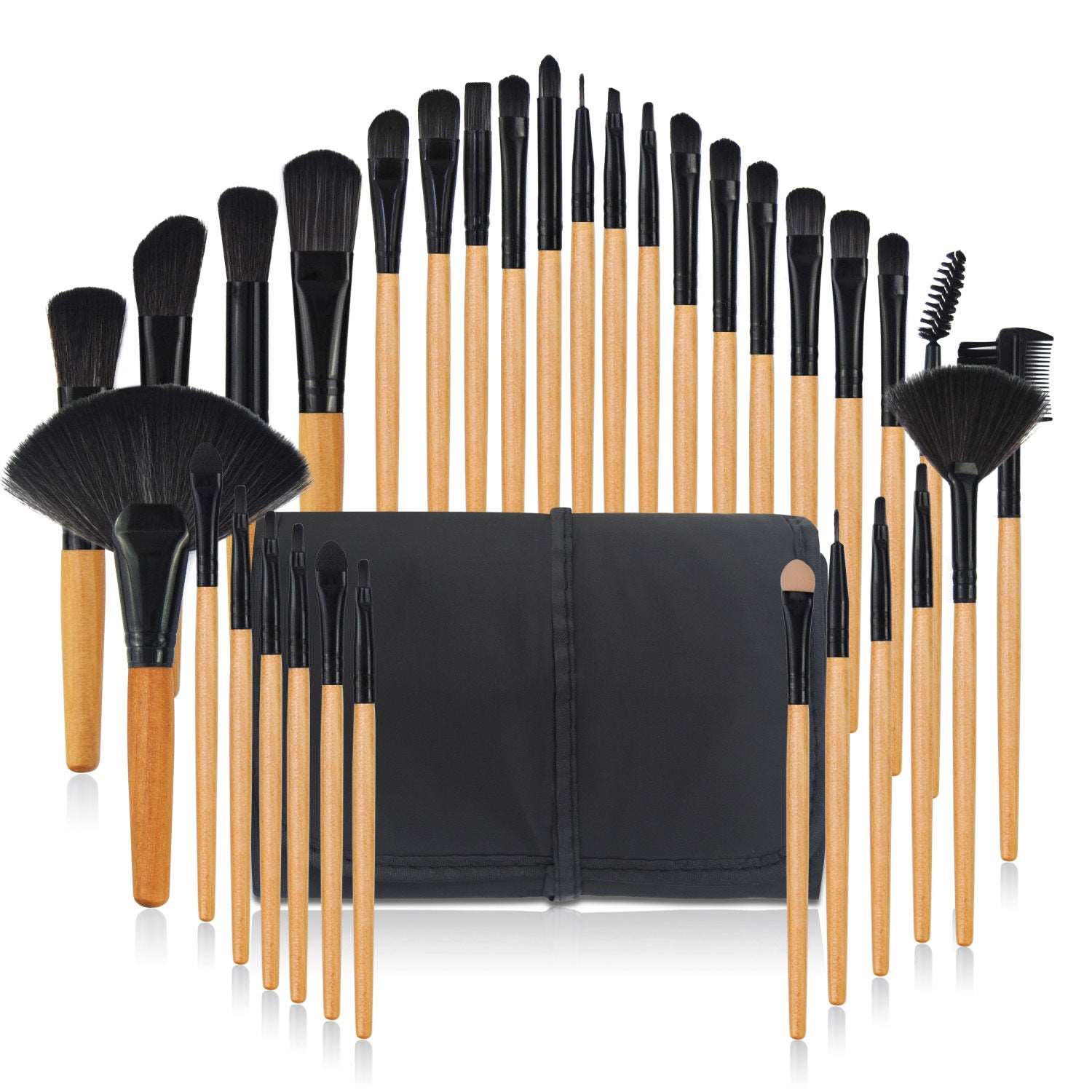 32Pcs Makeup Brushes Pouch Set Blending Powder Puff Professional Cosmetics Tools Bamboo Black