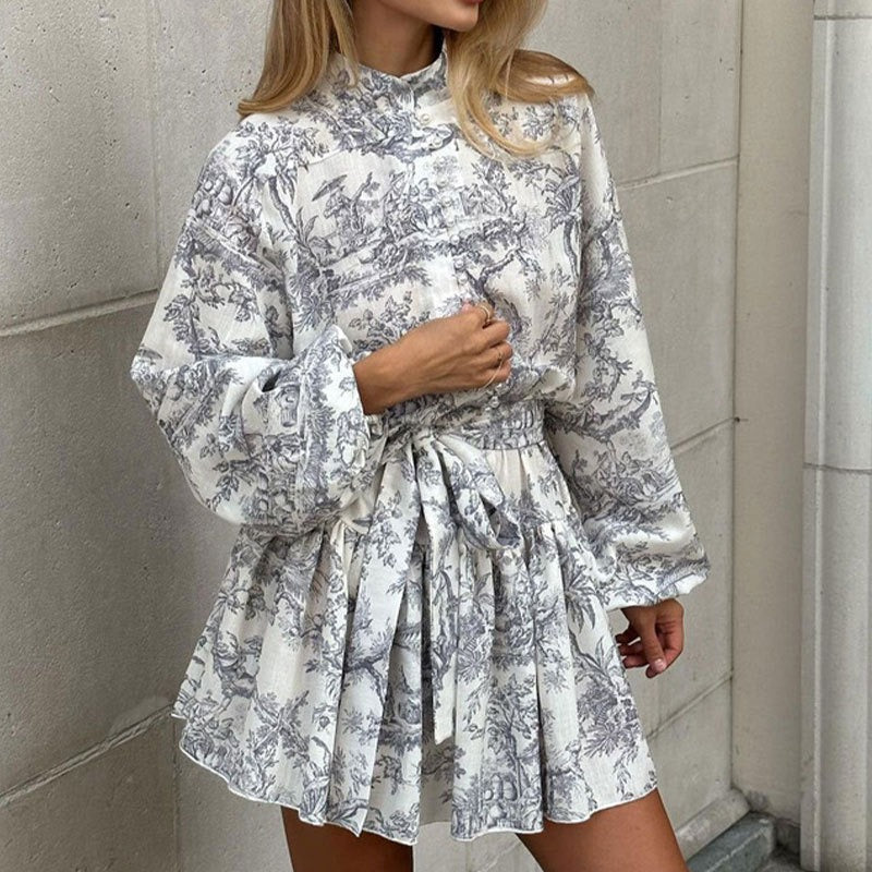 New European and American women's clothing style elegant and fashionable long sleeved lace up high waisted printed dress grey