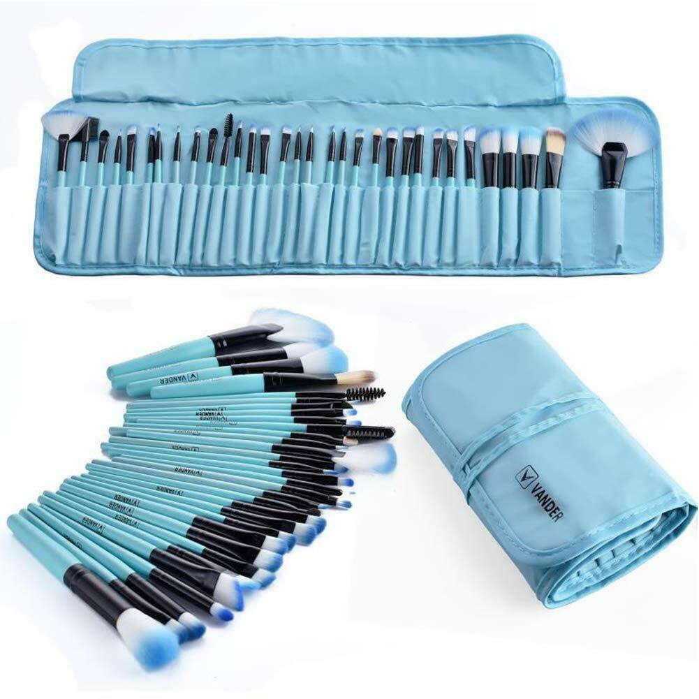 32Pcs Makeup Brushes Pouch Set Blending Powder Puff Professional Cosmetics Tools Blue