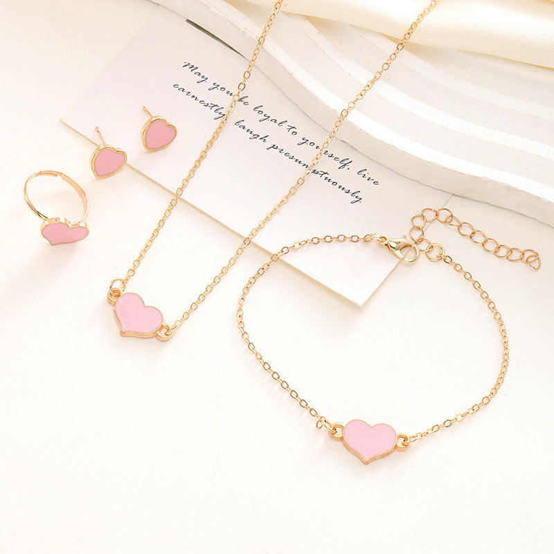 Simple Love Jewelry Women's Fashion Necklace Suit Heart Jewelry Set Gift For Her Fashion Party Jewelry CK0401 Pink Set Of 4