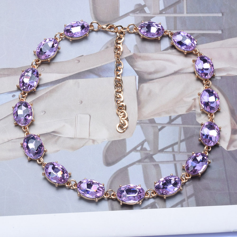 Retro Super Flash Rhinestone Decorative Necklace Women's Fashion Refined Grace Crystal 02 Purple Necklace