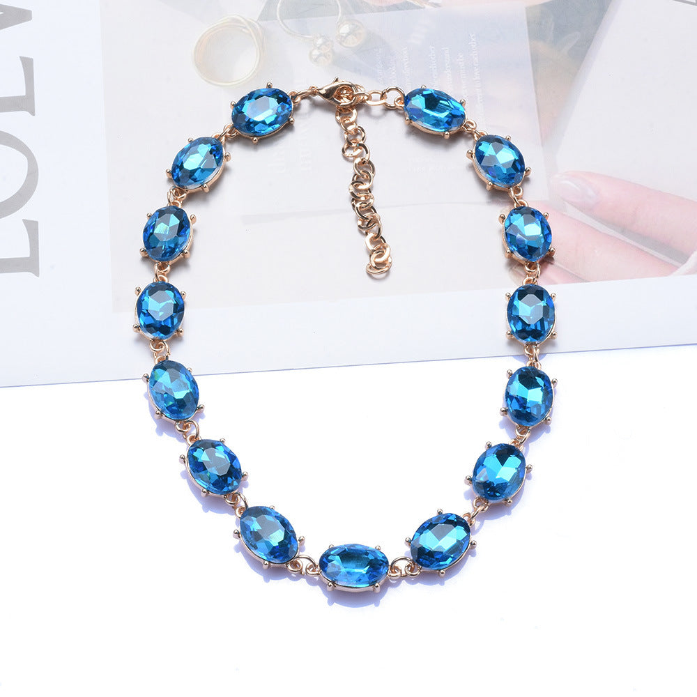 Retro Super Flash Rhinestone Decorative Necklace Women's Fashion Refined Grace Crystal 06 Light Blue Necklace