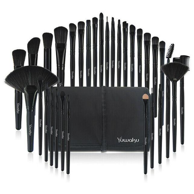 32Pcs Makeup Brushes Pouch Set Blending Powder Puff Professional Cosmetics Tools Black