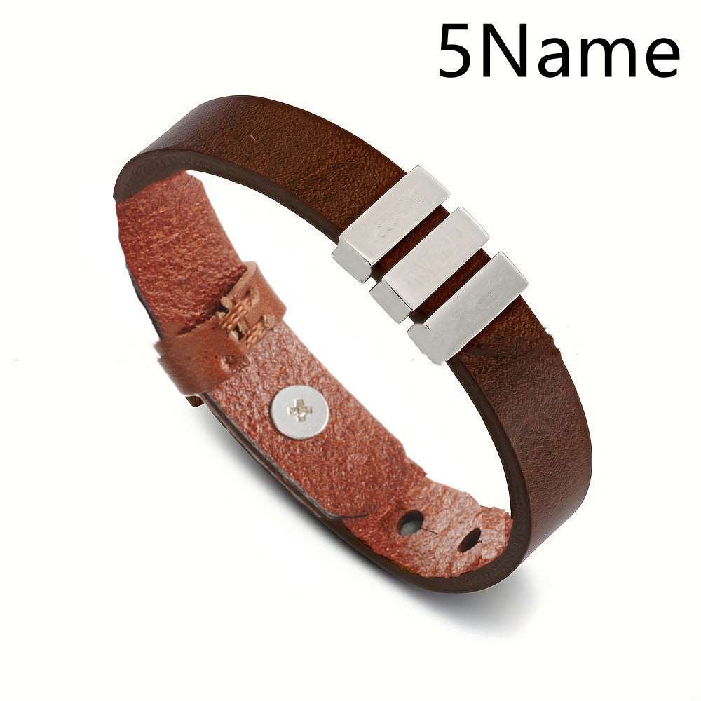 Customized Family Names Bracelet For Men Personalized Engraved Stainless Steel Beads Leather Bracelets Bangle Father's Day Gifts Brown 5Name