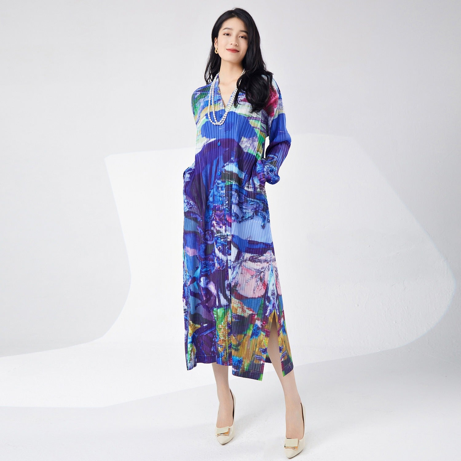 Spring women's printed single breasted slit dress with fashionable temperament cardigan medium length skirt Purple one size