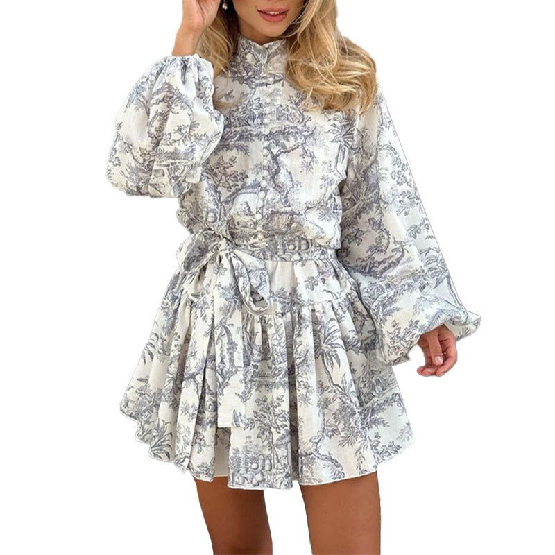 New European and American women's clothing style elegant and fashionable long sleeved lace up high waisted printed dress