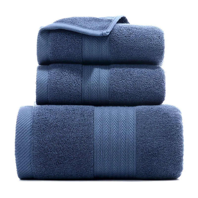 3PCS/Set Towel Cotton Beach towels Luxury Thickened Bath Towel Fishbone Dark Blue