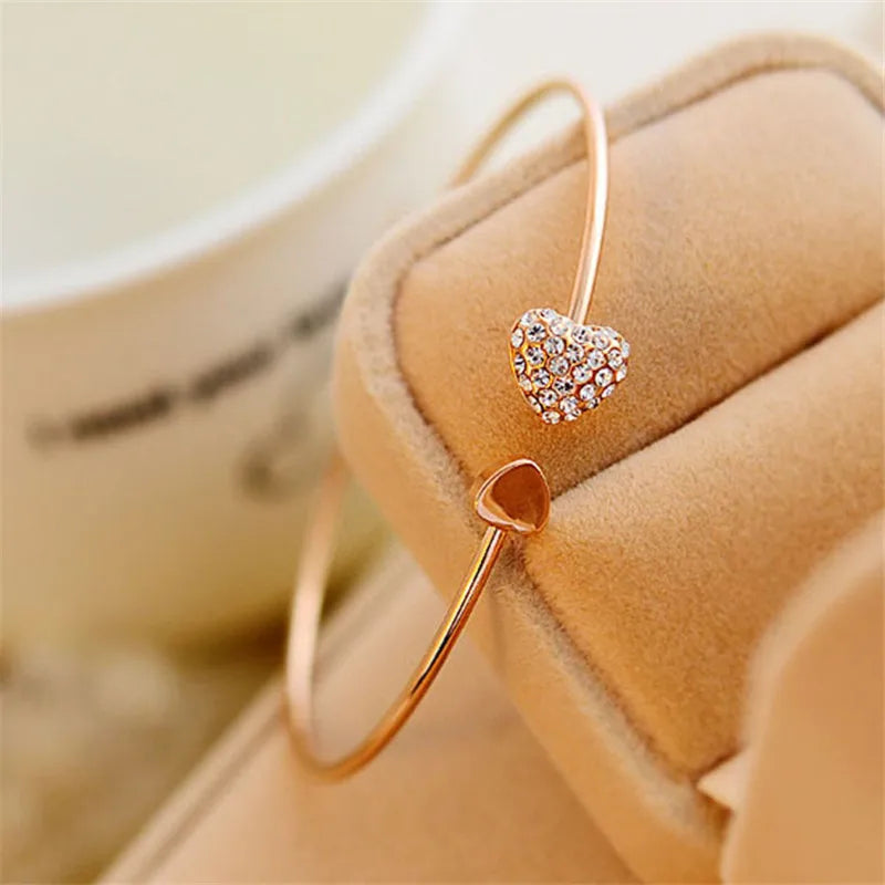 Hot New Fashion Adjustable Crystal Double Heart Bow Bilezik Cuff Opening Bracelet For Women Jewelry Gift Mujer Pulseras