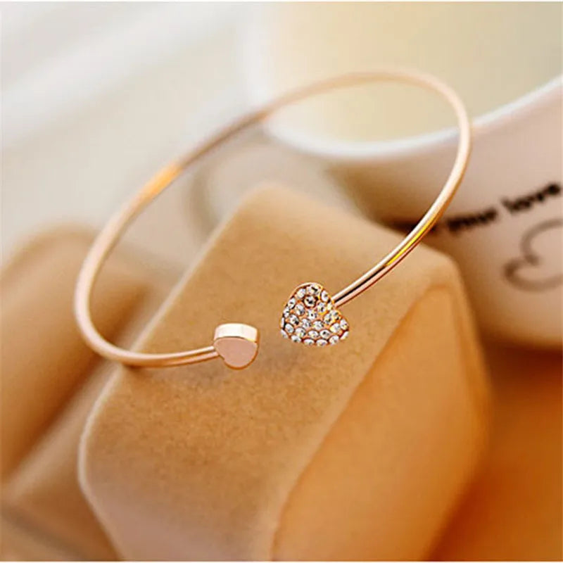 Hot New Fashion Adjustable Crystal Double Heart Bow Bilezik Cuff Opening Bracelet For Women Jewelry Gift Mujer Pulseras