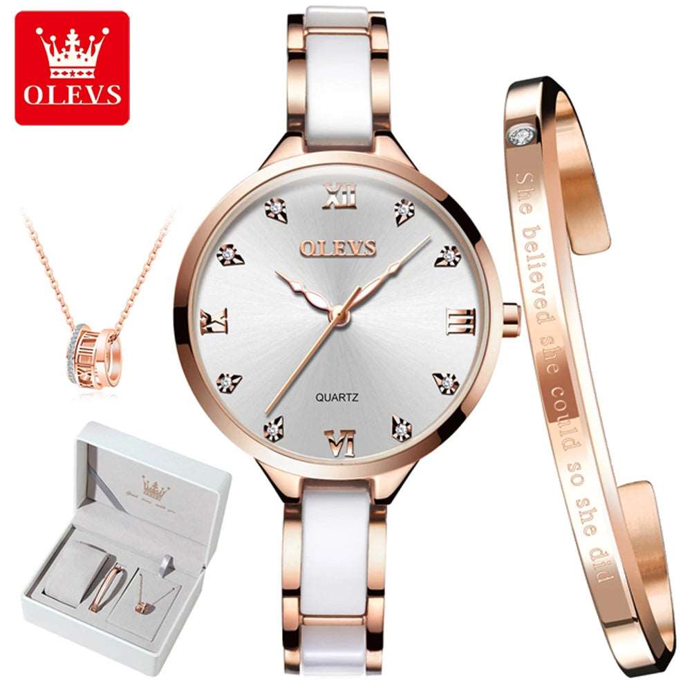 OLEVS Quartz Watch for Women Japan Movement 30M Waterproof Female Watch Elegant Ceramic Strap Ladies Watch Valentine's Day Gift