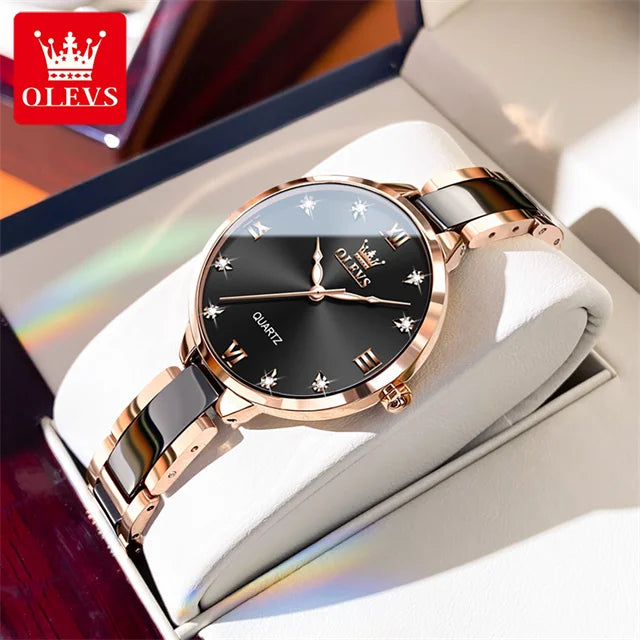 OLEVS Quartz Watch for Women Japan Movement 30M Waterproof Female Watch Elegant Ceramic Strap Ladies Watch Valentine's Day Gift Black face