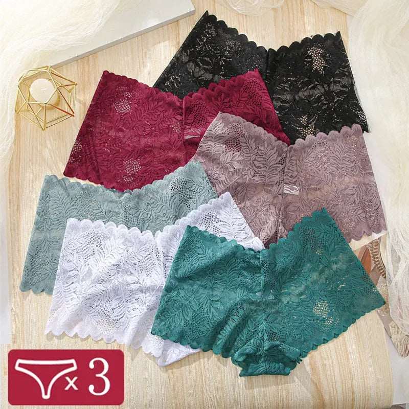 3Pcs/Set Women Lace Boyshorts Underpants Low Rise Panties Ladies Fashion Floral Lace Underwear S-XL Girls Panty Intimates