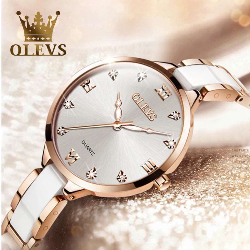 OLEVS Quartz Watch for Women Japan Movement 30M Waterproof Female Watch Elegant Ceramic Strap Ladies Watch Valentine's Day Gift