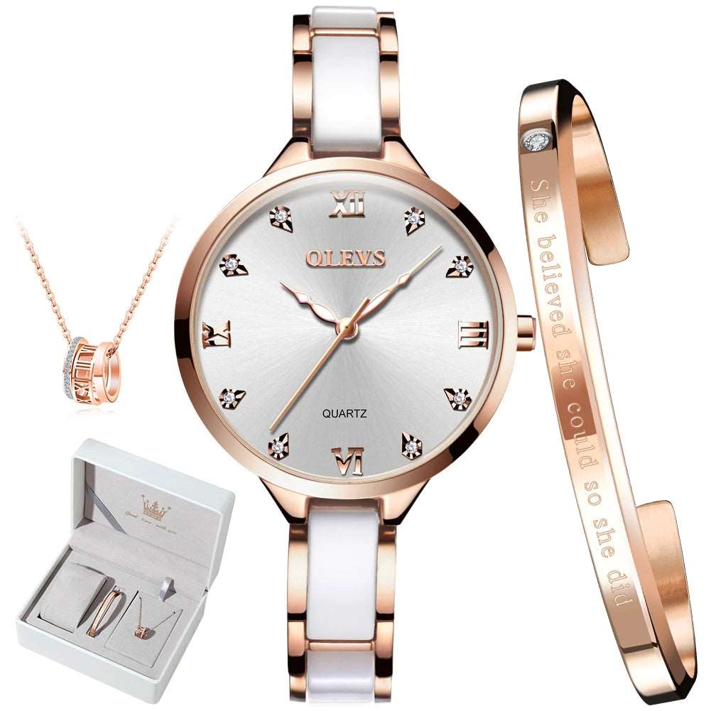 OLEVS Quartz Watch for Women Japan Movement 30M Waterproof Female Watch Elegant Ceramic Strap Ladies Watch Valentine's Day Gift White face Suit