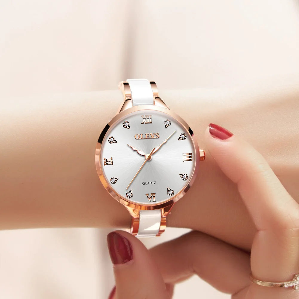 OLEVS Quartz Watch for Women Japan Movement 30M Waterproof Female Watch Elegant Ceramic Strap Ladies Watch Valentine's Day Gift