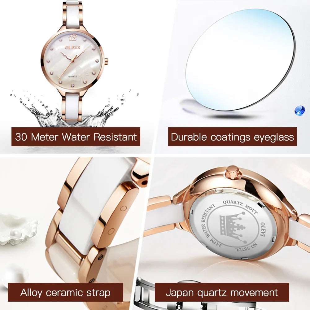 OLEVS Quartz Watch for Women Japan Movement 30M Waterproof Female Watch Elegant Ceramic Strap Ladies Watch Valentine's Day Gift