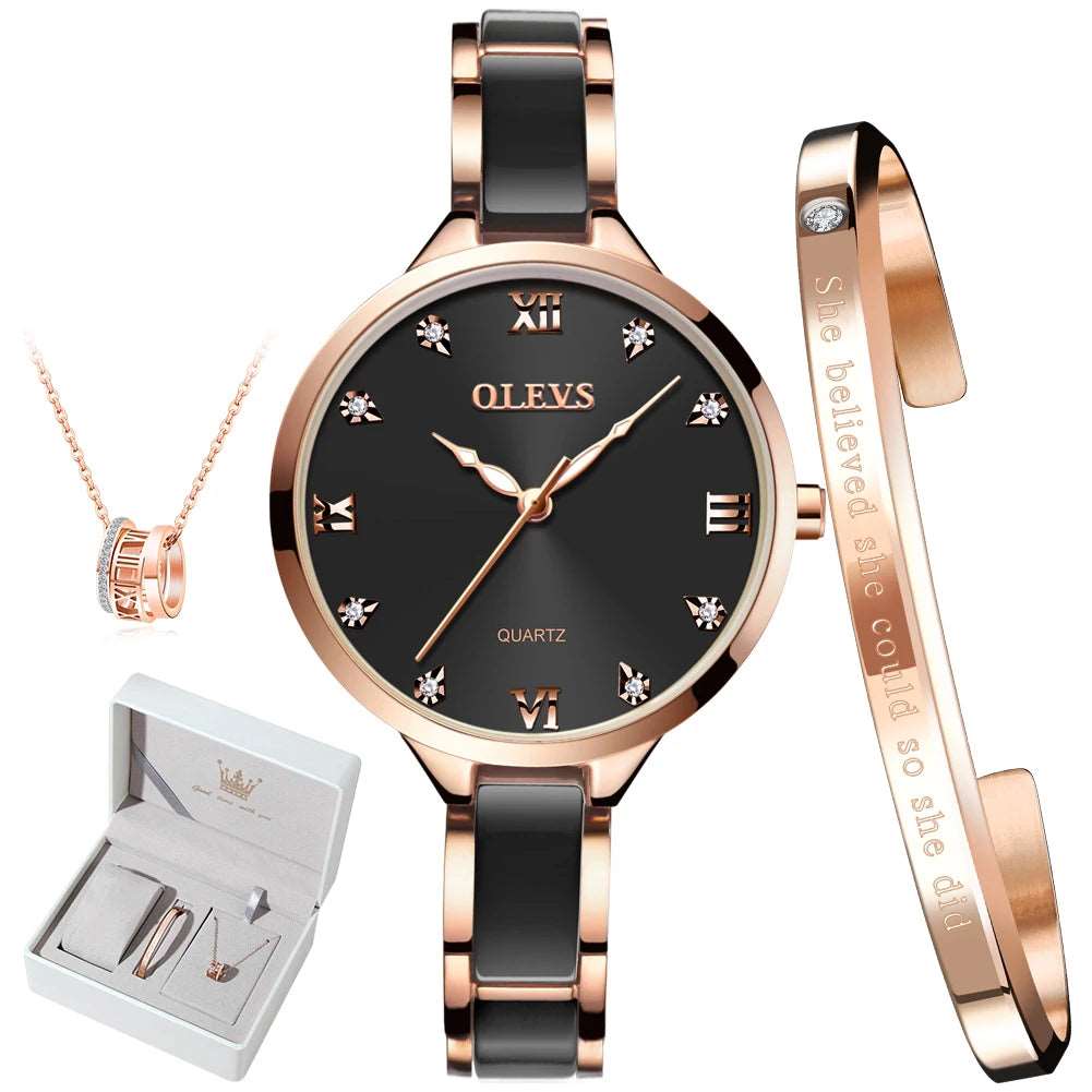 OLEVS Quartz Watch for Women Japan Movement 30M Waterproof Female Watch Elegant Ceramic Strap Ladies Watch Valentine's Day Gift Black face Suit