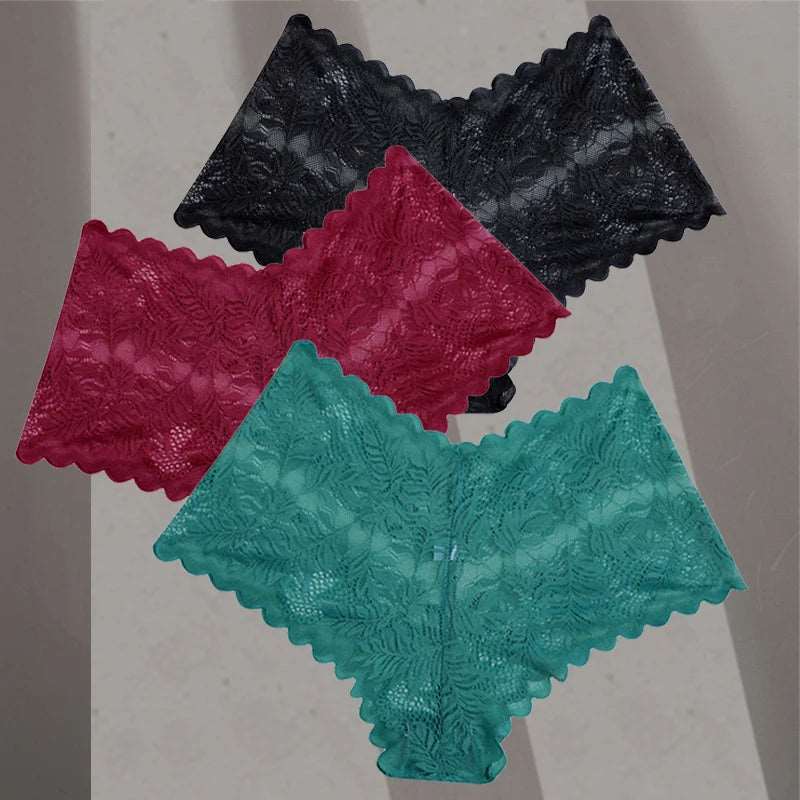 3Pcs/Set Women Lace Boyshorts Underpants Low Rise Panties Ladies Fashion Floral Lace Underwear S-XL Girls Panty Intimates Set 12 3pcs