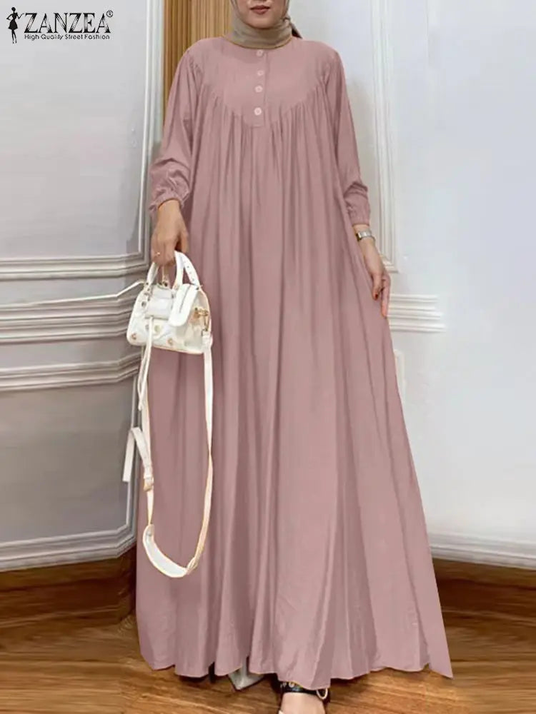 ZANZEA Vintage Solid Color Muslim Dress Woman Vintage Turkey Robe Long Sleeve O Neck Sundress Casual Party Islamic Clothing 2023 Pink