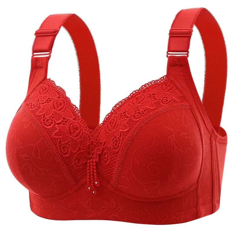 New Large Size Luxury Lace Lace Without Steel Ring Women's Bra Push Up Breathable Comfortable Adjustable Women's Underwear red