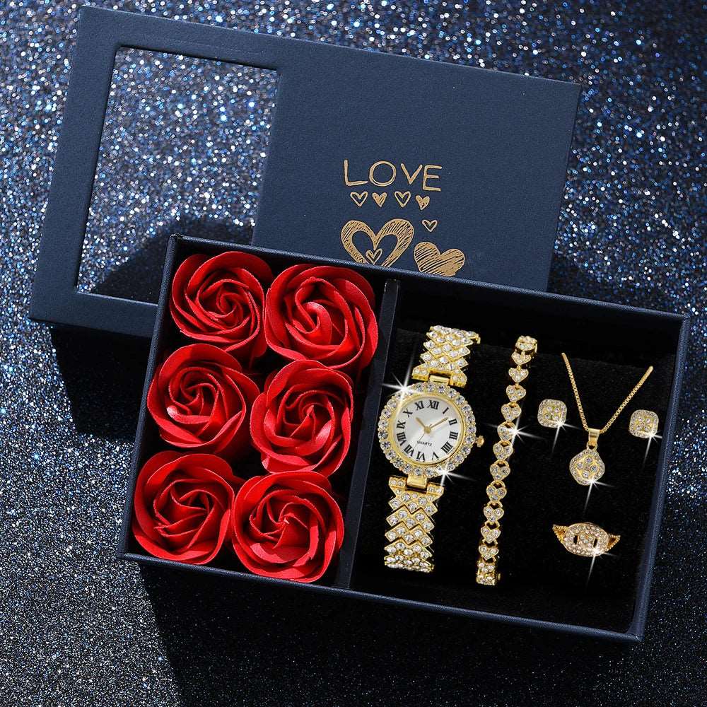 Fashion Luxury Women Gold Watch Bracelet Necklace 6Pcs Set Ladies Diamond Quartz Wristwatch Valentine's Day Mother's Day Gift Gold