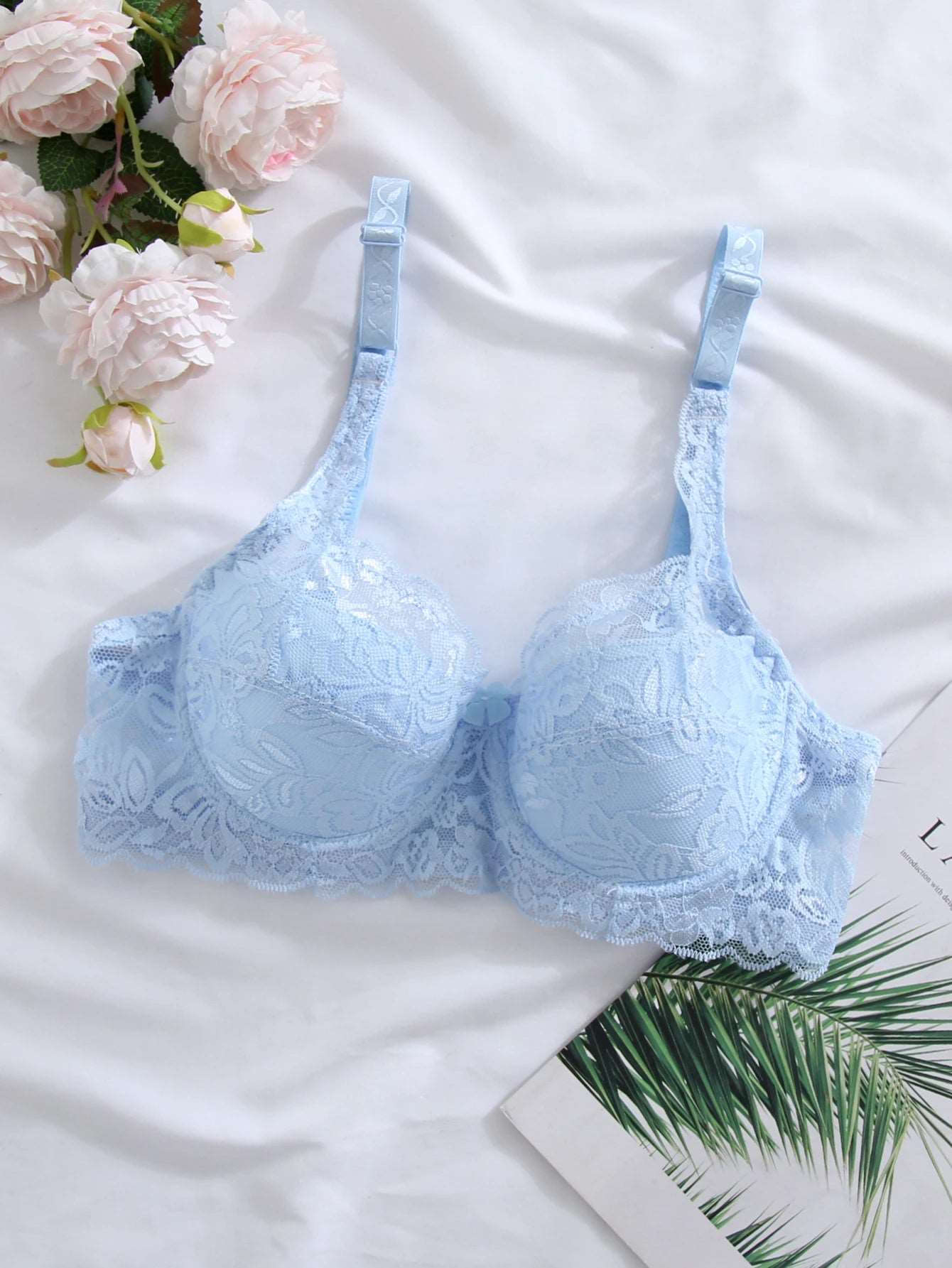 Bra Lace Women's Bra Push Up Bra With Padding Transparent Underwear Plus Size Lady Lingerie Female Underwear Tops Brassiere sky blue Padded