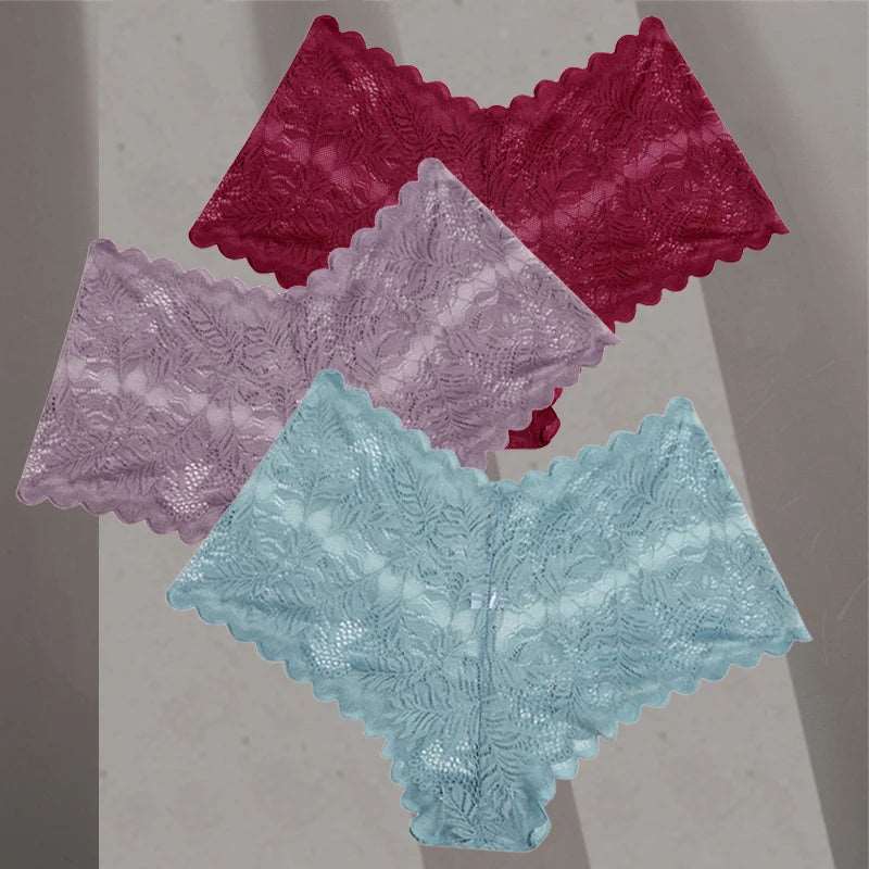 3Pcs/Set Women Lace Boyshorts Underpants Low Rise Panties Ladies Fashion Floral Lace Underwear S-XL Girls Panty Intimates Set 4 3pcs