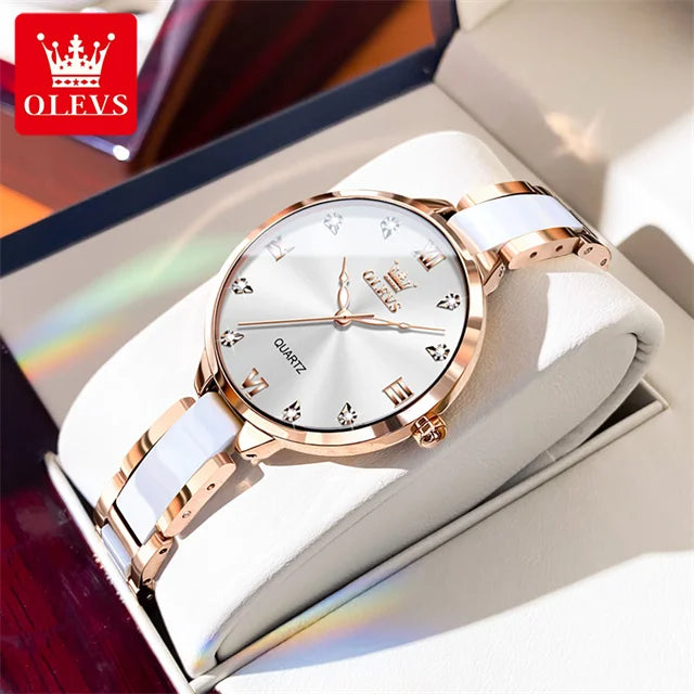 OLEVS Quartz Watch for Women Japan Movement 30M Waterproof Female Watch Elegant Ceramic Strap Ladies Watch Valentine's Day Gift White face