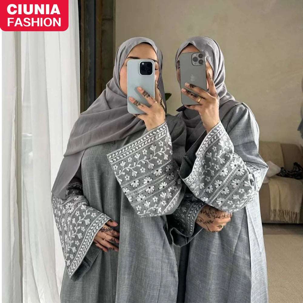 Fashion Embroidery Linen Kimono Dress Full Length Muslim Abaya Dubai HOORAB