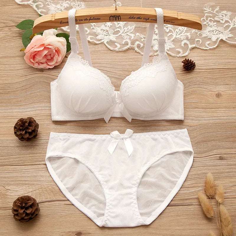 Girl Sweet Wireless Bra Lace Bows Underwear Sets Breathable Small Breast Bralette Top Briefs for Women Teen Girl Lingerie Suits 661SetsWhite