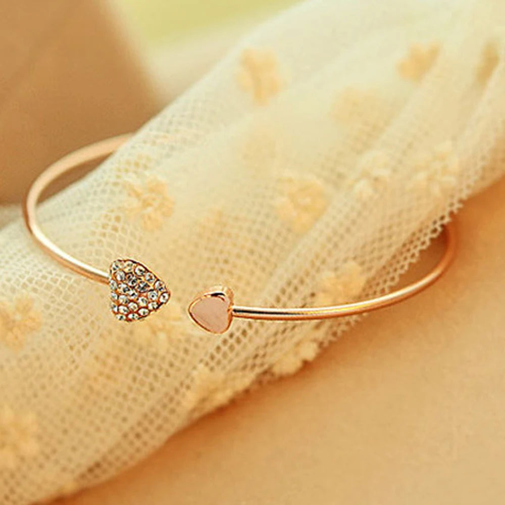 Hot New Fashion Adjustable Crystal Double Heart Bow Bilezik Cuff Opening Bracelet For Women Jewelry Gift Mujer Pulseras