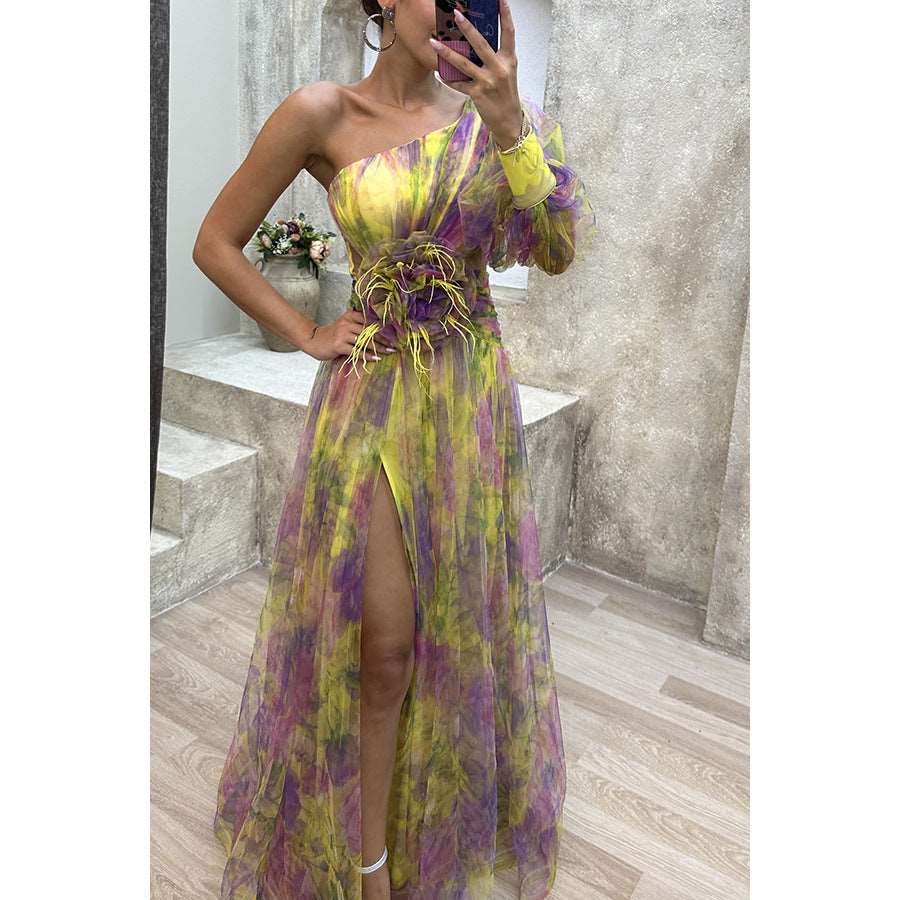 Mesh Tie-dye Printed Off-shoulder Slit Dress Summer INS Fashion Long Dress Party Womens Clothing Yellow