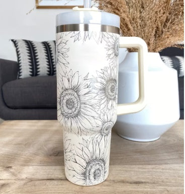 40 Oz Tumbler With Handle Straw Insulated, Stainless Steel Spill Proof Vacuum Coffee Cup Tumbler With Lid Tapered Mug Gifts For Valentine Lover Suitable For Car Gym Office Travel Sunflower 1200ML