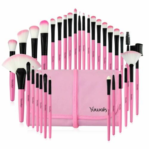 32Pcs Makeup Brushes Pouch Set Blending Powder Puff Professional Cosmetics Tools Pink