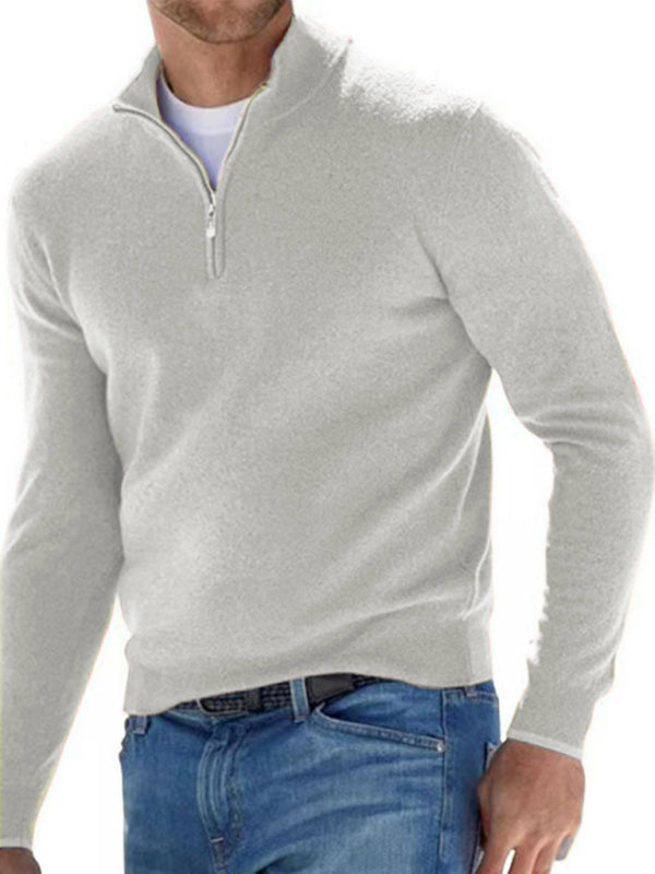 Long Sleeve V Neck Wool Fleece Zipper Men's Casual Top Polo Shirt