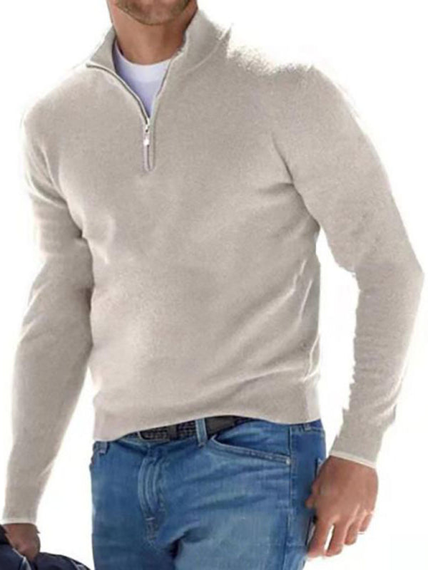 Long Sleeve V Neck Wool Fleece Zipper Men's Casual Top Polo Shirt Cream