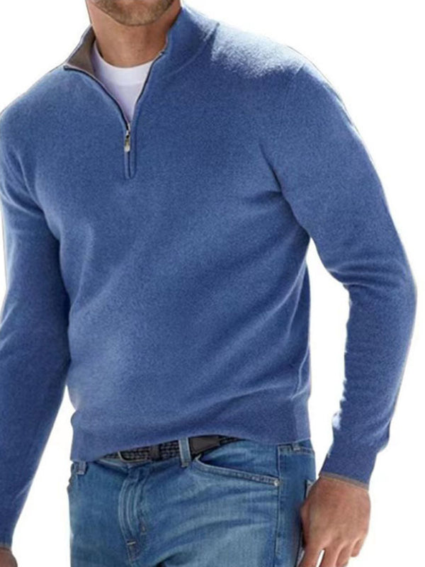 Long Sleeve V Neck Wool Fleece Zipper Men's Casual Top Polo Shirt Blue