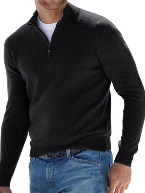 Long Sleeve V Neck Wool Fleece Zipper Men's Casual Top Polo Shirt Black